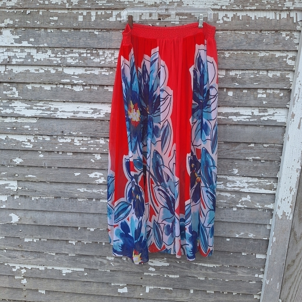CHICO’S Tropical Floral Flower Maxi Skirt Coral Blue Multi Size Large 2